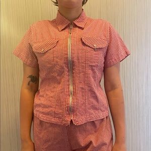 picnic print cottage core collared top